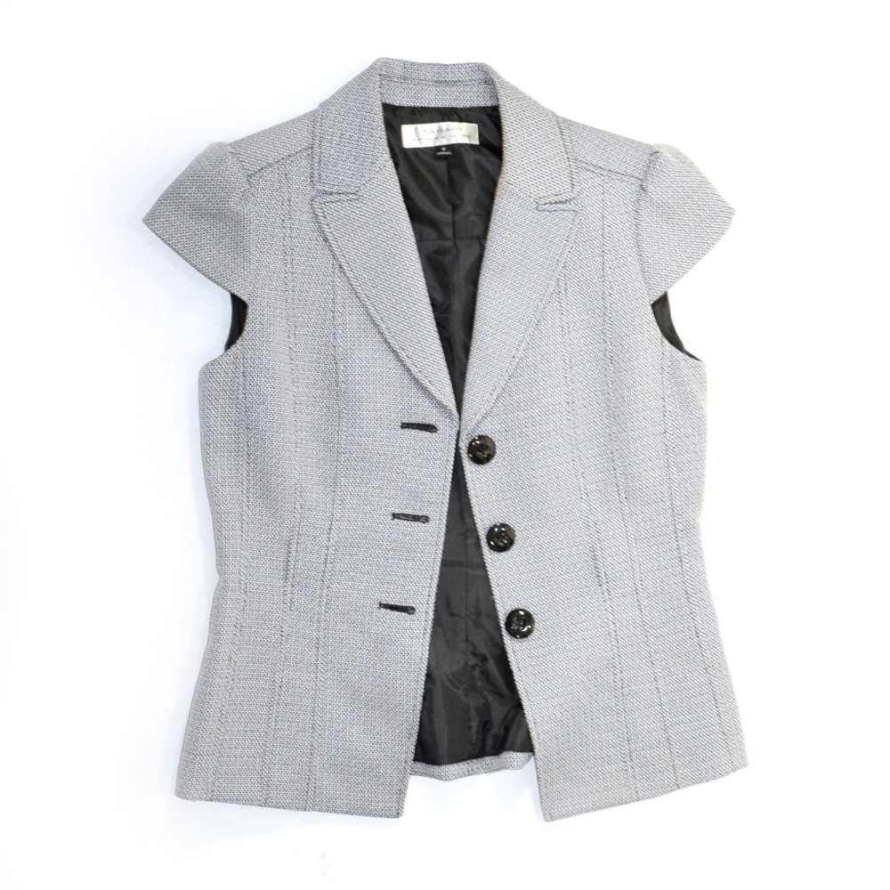 TAHARI Short Sleeve Black & White Textured Blazer - Picture 4 of 6